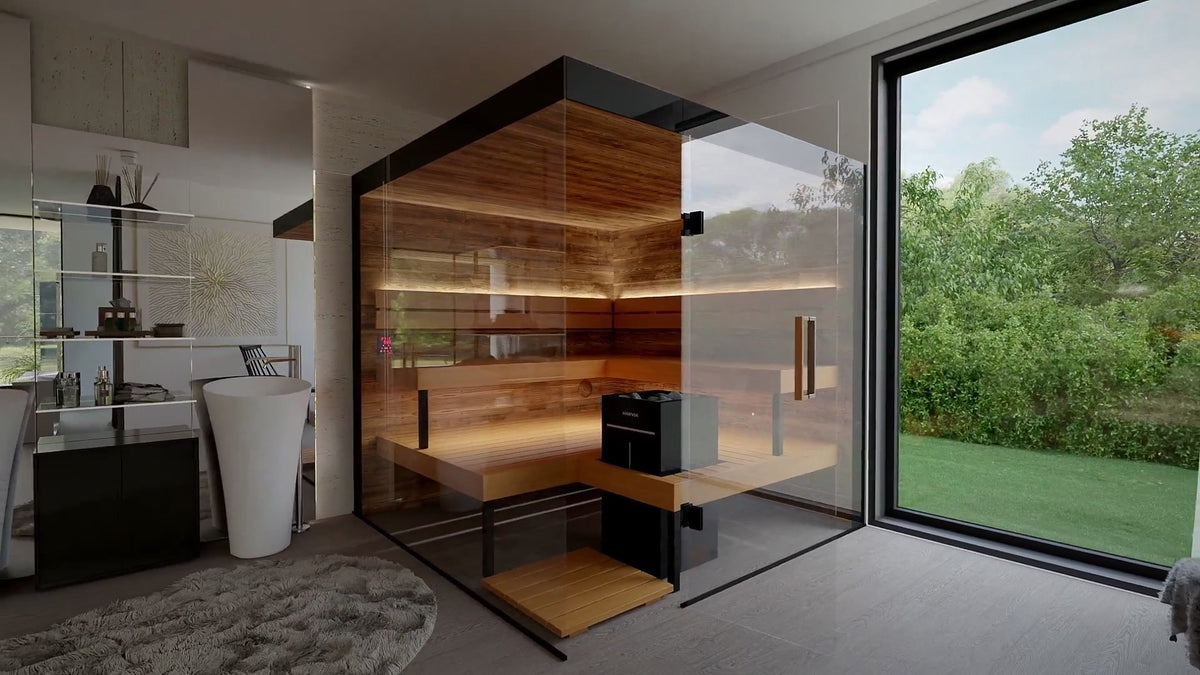 ThermaSol Lumaria indoor sauna cabin, full-height glazing and the bench layout