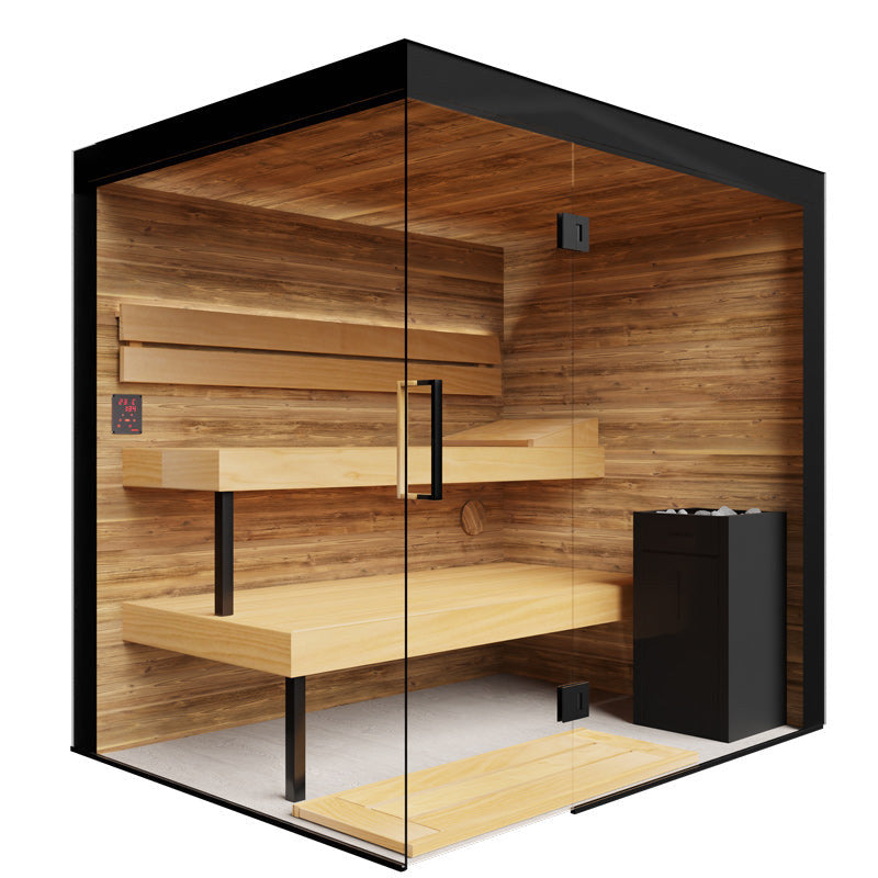 ThermaSol Lumaria indoor sauna cabin, three quarter studio view on a plain background