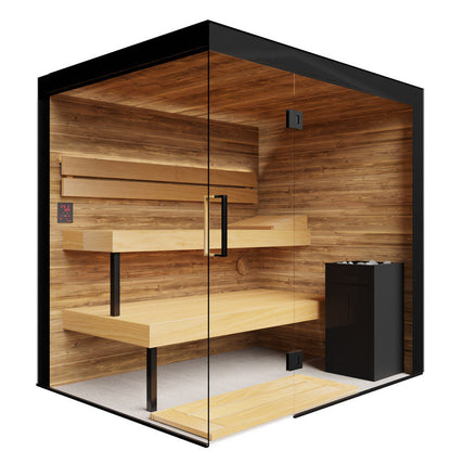 ThermaSol Lumaria indoor sauna cabin, three quarter studio view on a plain background
