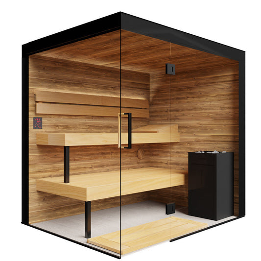 ThermaSol Lumaria indoor sauna cabin, three quarter studio view on a plain background
