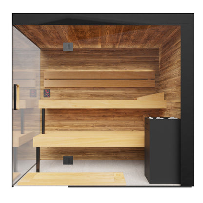 ThermaSol Lumaria indoor sauna cabin, front elevation