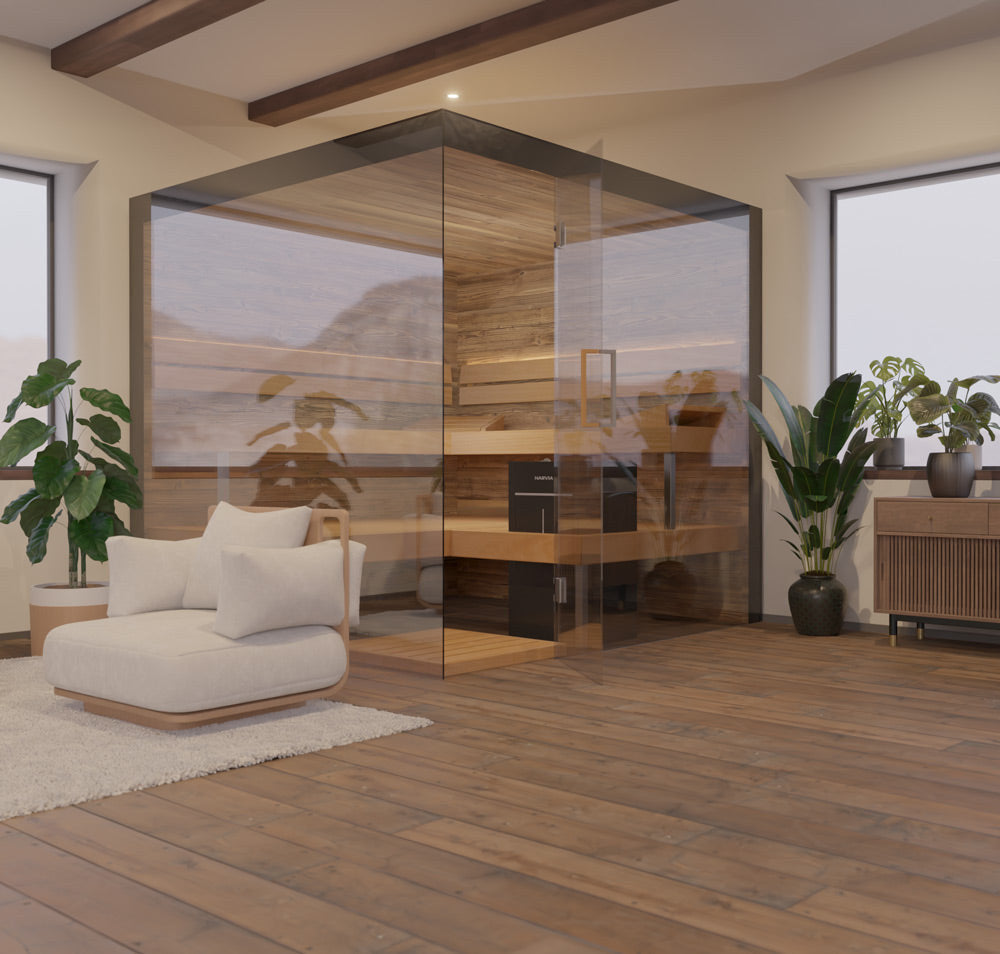 ThermaSol Lumaria indoor sauna cabin, in a finished room