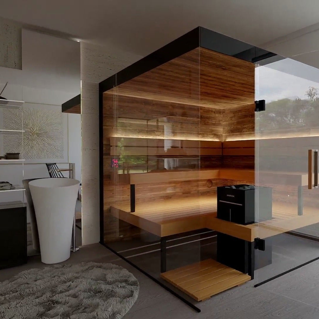 ThermaSol Lumaria indoor sauna cabin in a daylit bathroom, panoramic glass front