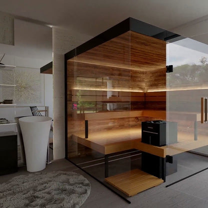 ThermaSol Lumaria indoor sauna cabin in a daylit bathroom, panoramic glass front