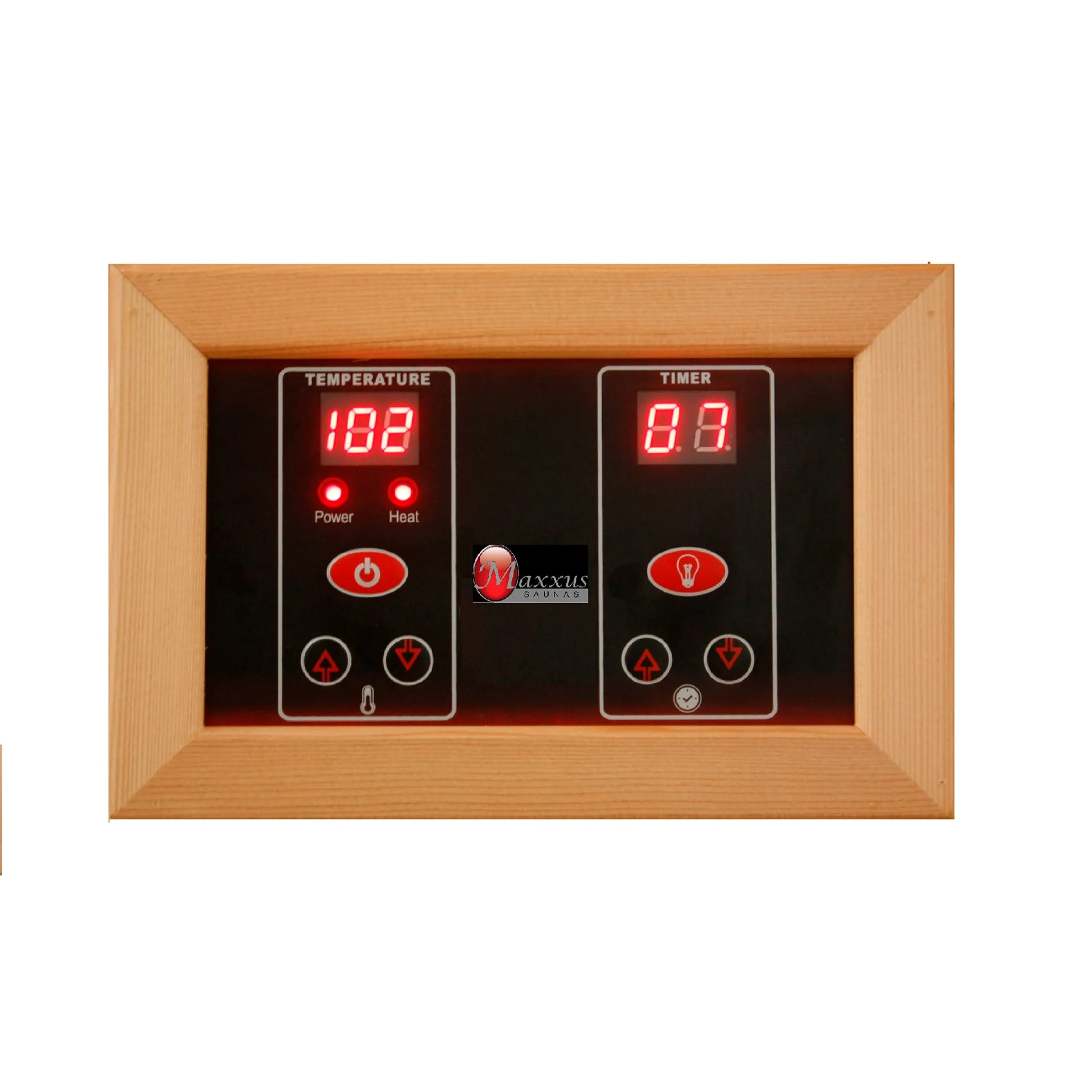 Close-up view of the digital control panel on the Maxxus Bellevue 3-Person Low EMF FAR Infrared Sauna, built with natural Canadian Hemlock wood. Model MX-J306-01.