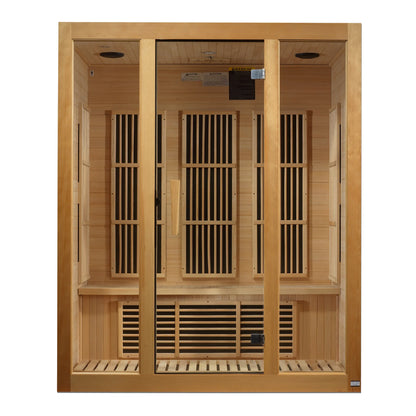ront exterior view of the Maxxus Bellevue 3-Person Low EMF FAR Infrared Sauna, highlighting the natural Canadian Hemlock wood finish. Model MX-J306-01.