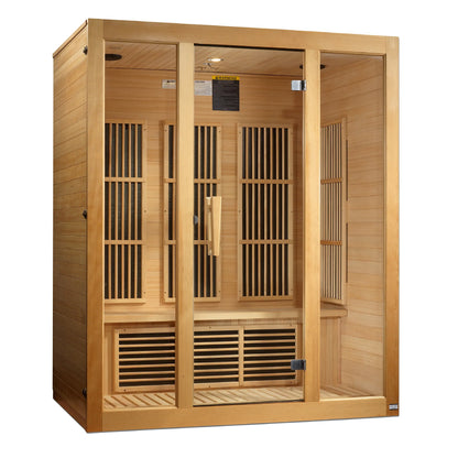 Left-angle exterior view of the Maxxus Bellevue 3-Person Low EMF FAR Infrared Sauna, highlighting the natural Canadian Hemlock wood finish. Model MX-J306-01.