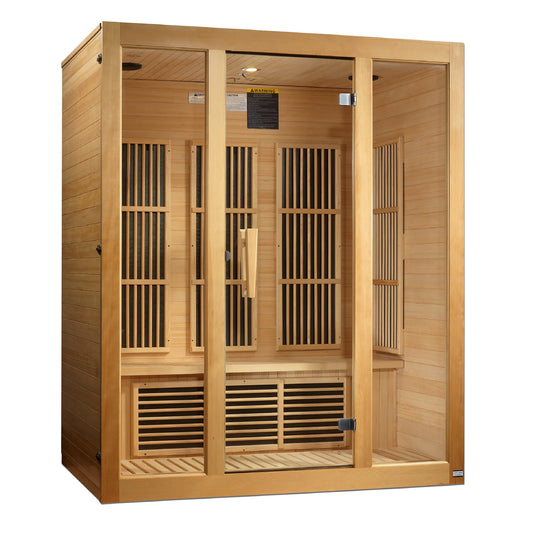 Left-angle exterior view of the Maxxus Bellevue 3-Person Low EMF FAR Infrared Sauna, highlighting the natural Canadian Hemlock wood finish. Model MX-J306-01.