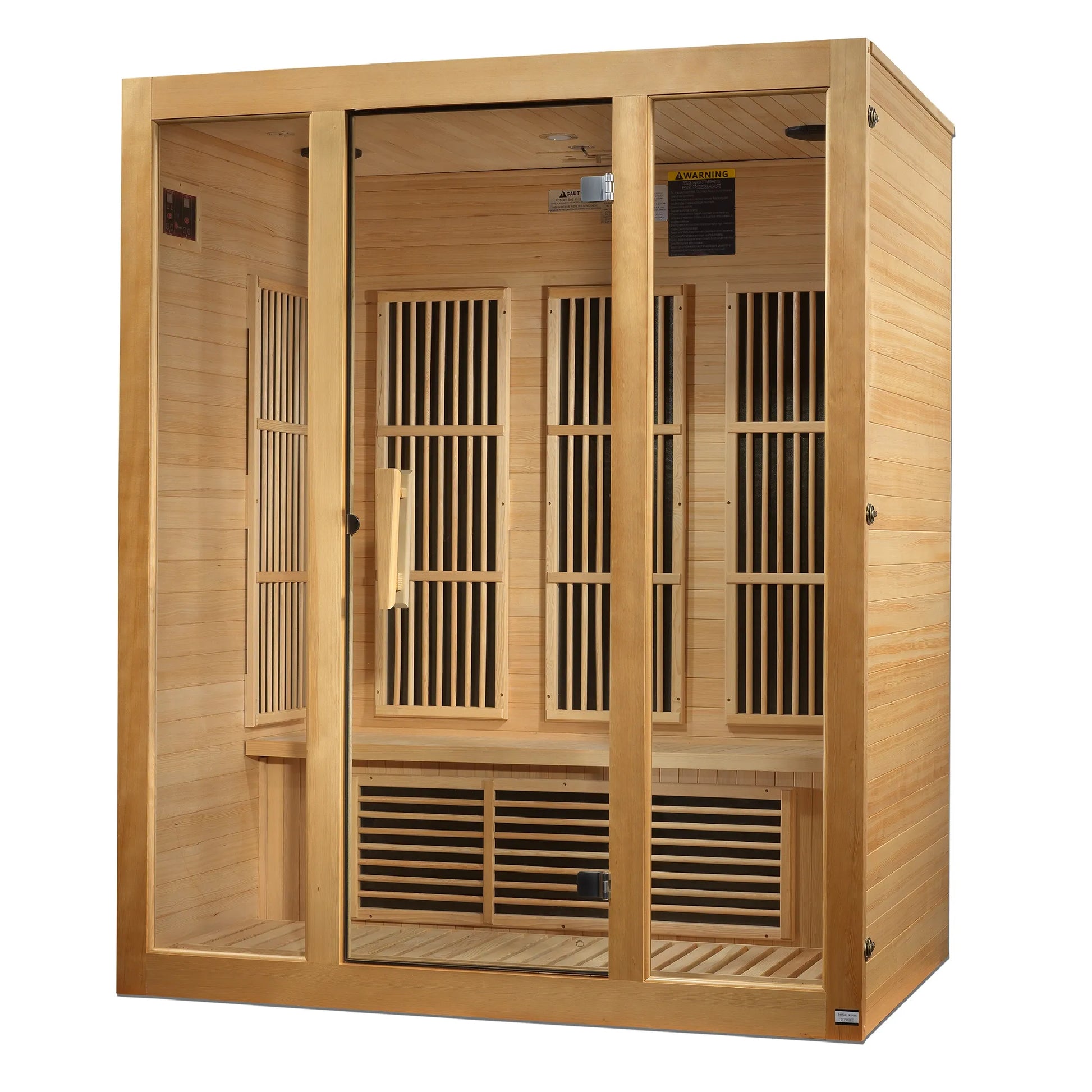 Right-angle exterior view of the Maxxus Bellevue 3-Person Low EMF FAR Infrared Sauna, highlighting the natural Canadian Hemlock wood finish. Model MX-J306-01