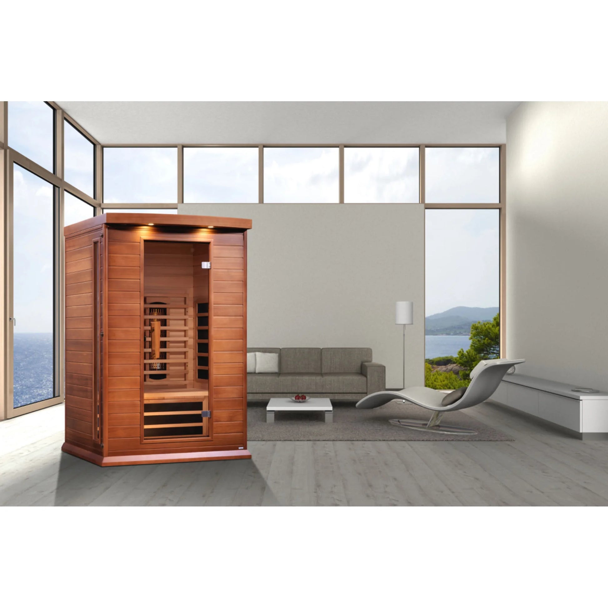 Front view on white background of the Maxxus 2-Person Full Spectrum Near Zero EMF FAR Infrared Sauna (MX-M206-01-FS CED) – full spectrum infrared sauna