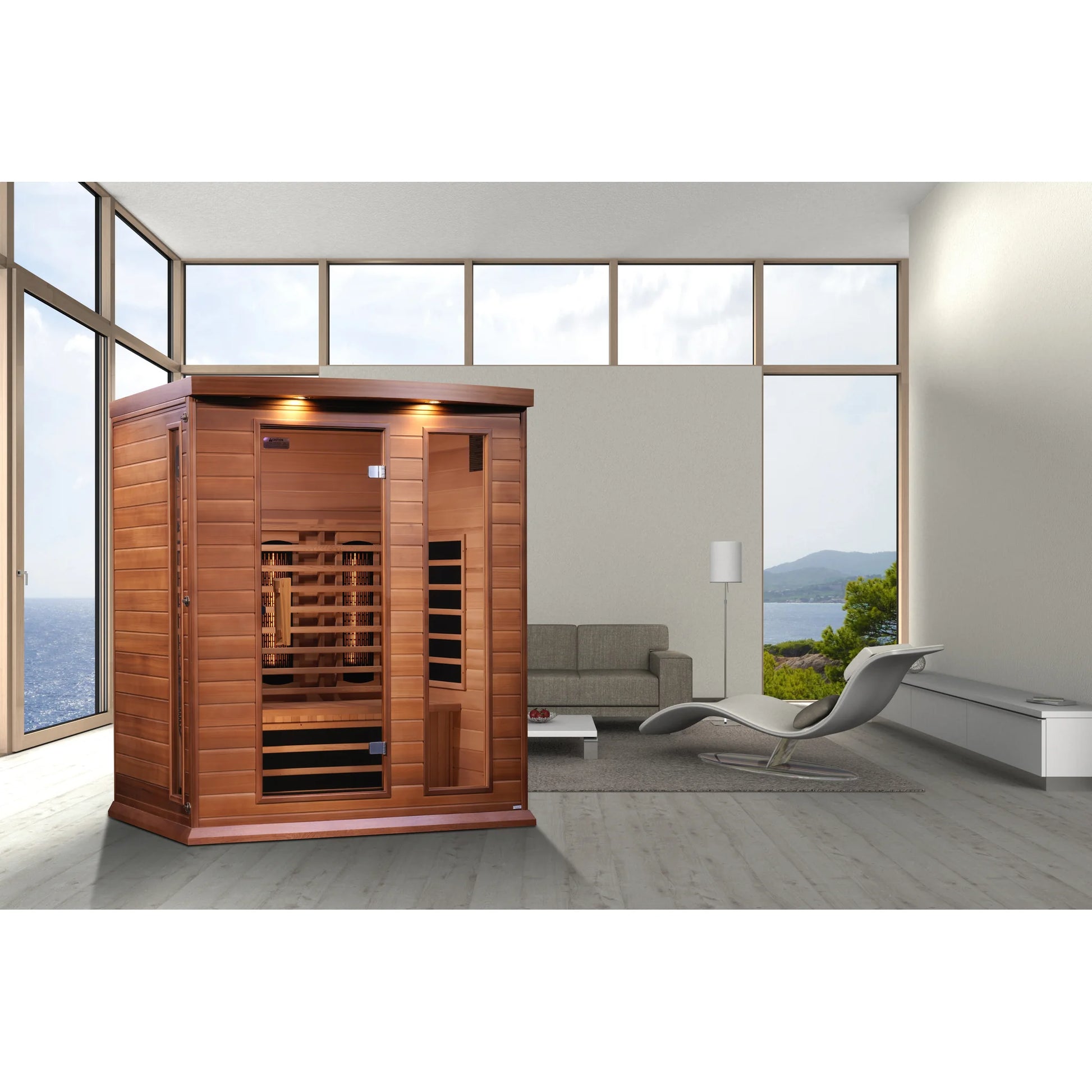 Front view on white background of the Maxxus 3-Person Full Spectrum Near Zero EMF FAR Infrared Sauna (MX-M306-01-FS CED) – full spectrum infrared sauna