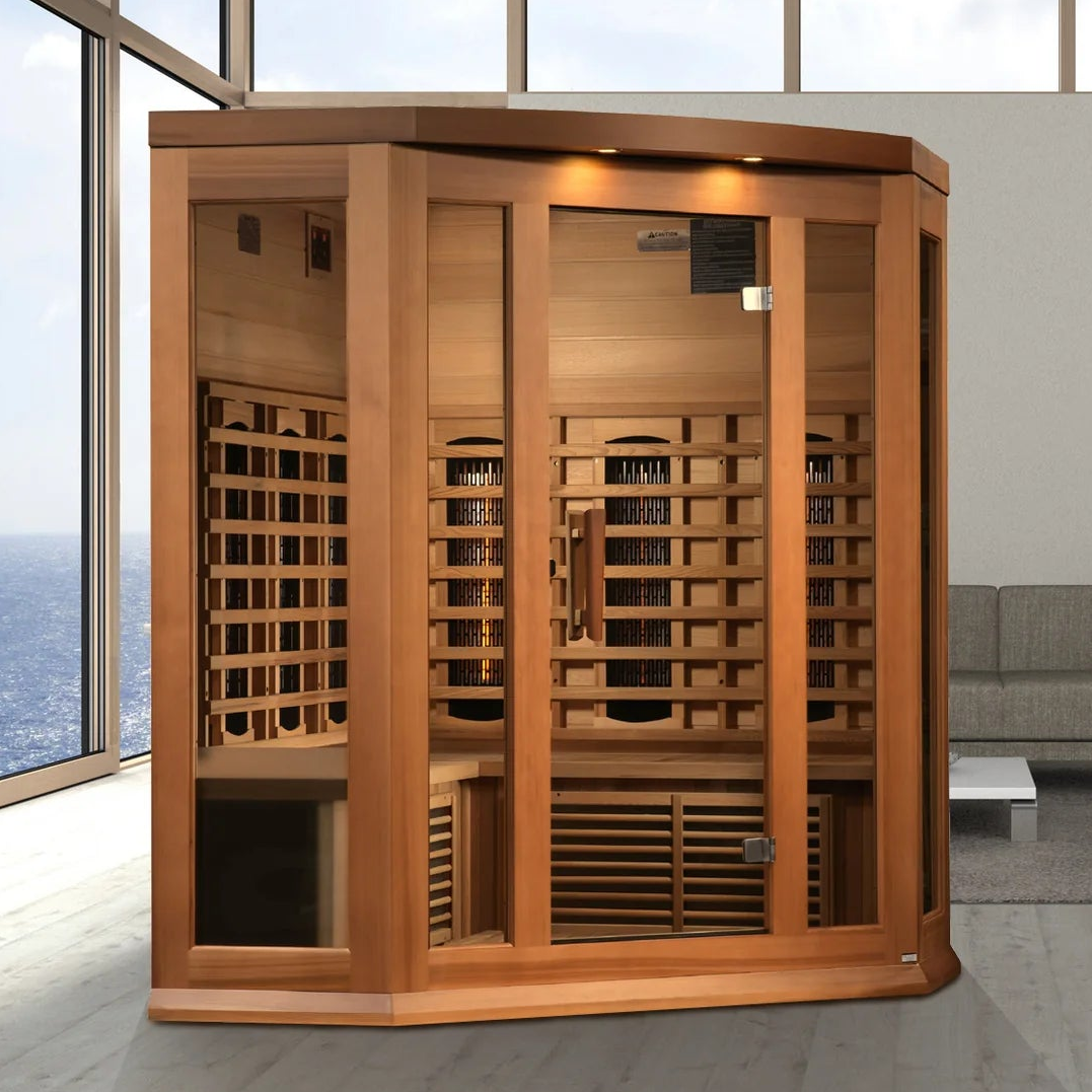 Maxxus 3-Person Corner Full Spectrum Near Zero EMF FAR Infrared Sauna | Canadian Red Cedar
