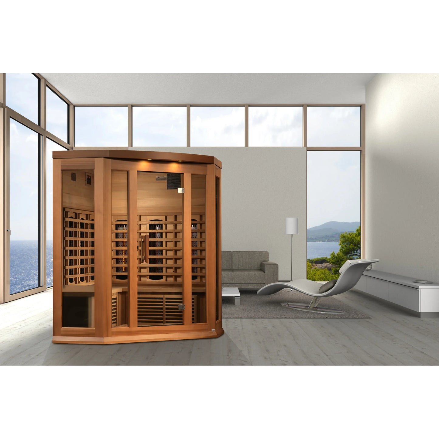 Front view on white background of the Maxxus 3-Person Corner Full Spectrum Near Zero EMF FAR Infrared Sauna (MX-M356-01-FS CED) – full spectrum infrared sauna
