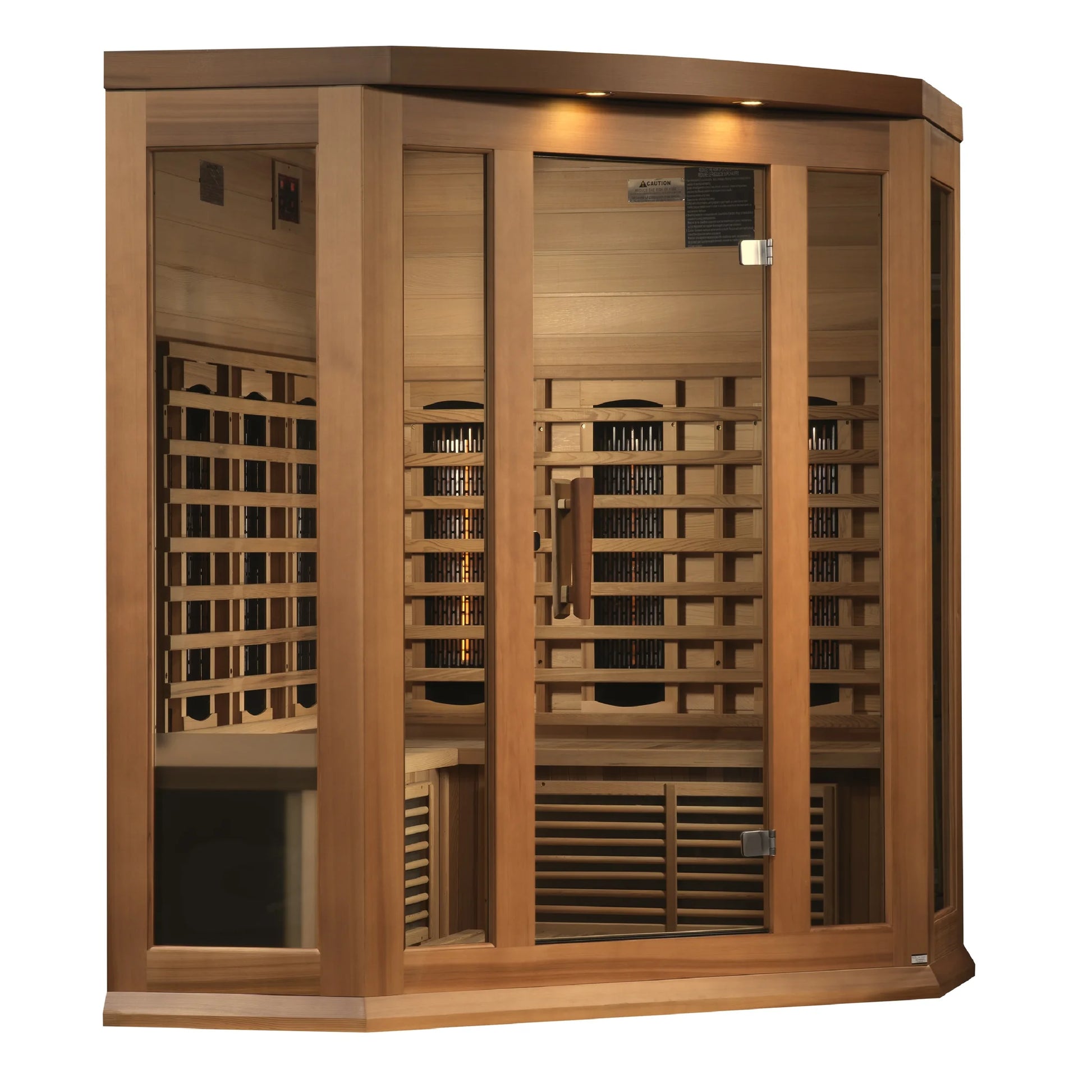 Front view 2 of the Maxxus 3-Person Corner Full Spectrum Near Zero EMF FAR Infrared Sauna (MX-M356-01-FS CED) – full spectrum infrared sauna