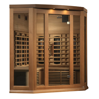 Front view 2 of the Maxxus 3-Person Corner Full Spectrum Near Zero EMF FAR Infrared Sauna (MX-M356-01-FS CED) – full spectrum infrared sauna