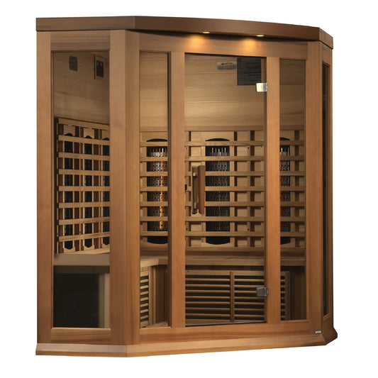 Front view 2 of the Maxxus 3-Person Corner Full Spectrum Near Zero EMF FAR Infrared Sauna (MX-M356-01-FS CED) – full spectrum infrared sauna