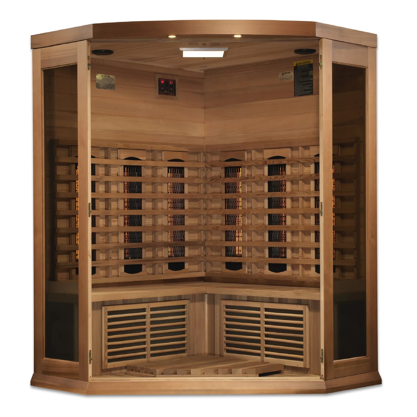 Front view 3 of the Maxxus 3-Person Corner Full Spectrum Near Zero EMF FAR Infrared Sauna (MX-M356-01-FS CED) – full spectrum infrared sauna