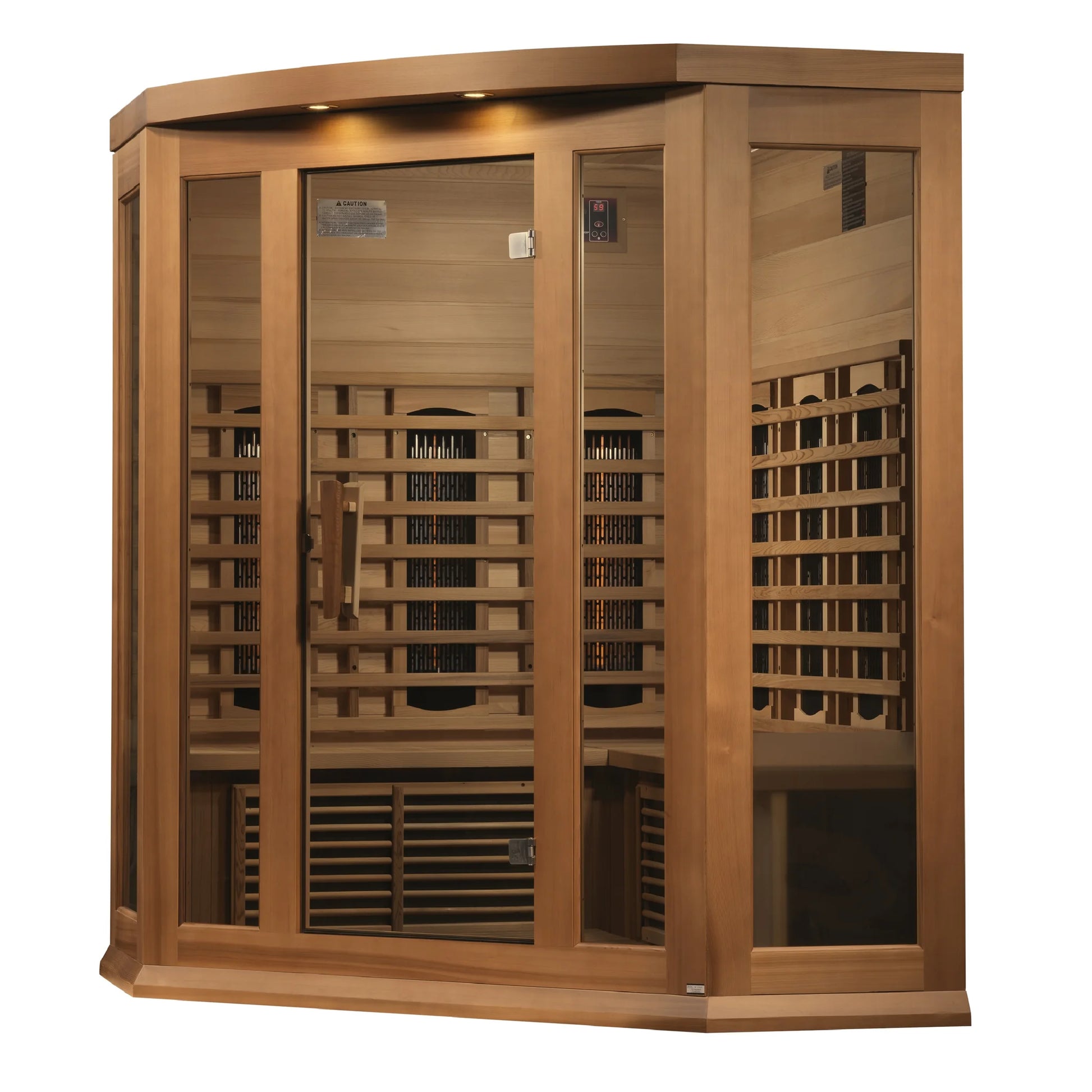 Front view 4 of the Maxxus 3-Person Corner Full Spectrum Near Zero EMF FAR Infrared Sauna (MX-M356-01-FS CED) – full spectrum infrared sauna