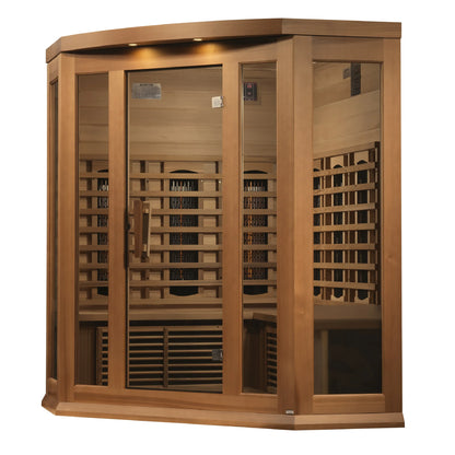 Front view 4 of the Maxxus 3-Person Corner Full Spectrum Near Zero EMF FAR Infrared Sauna (MX-M356-01-FS CED) – full spectrum infrared sauna