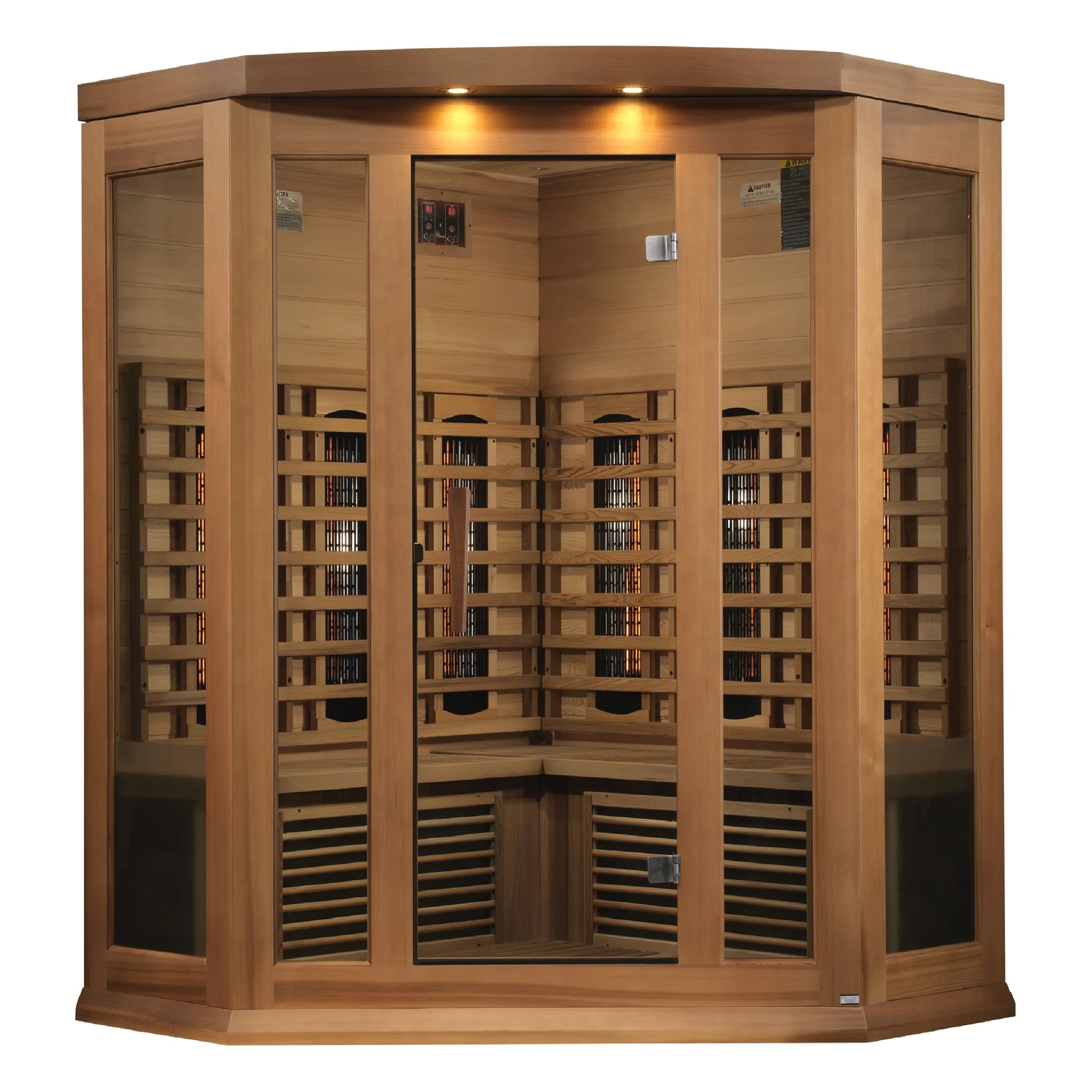 Front view of the Maxxus 3-Person Corner Full Spectrum Near Zero EMF FAR Infrared Sauna (MX-M356-01-FS CED) – full spectrum infrared sauna
