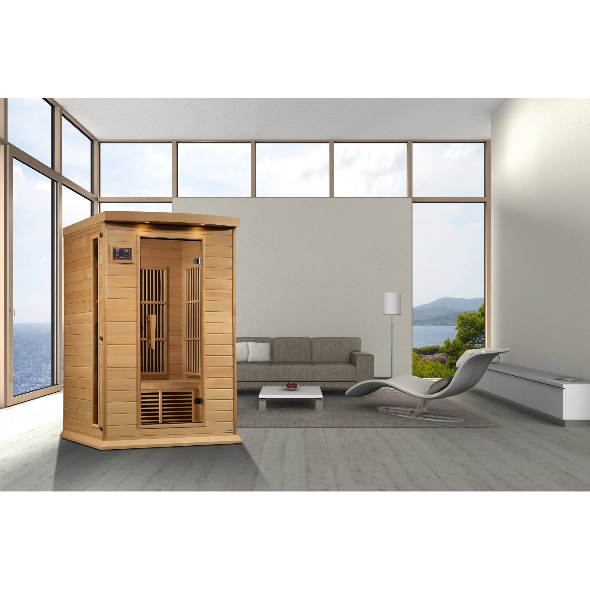 Front view of the Maxxus 2-Person Low EMF FAR Infrared Sauna (MX-K206-01) | Canadian Hemlock — infrared sauna