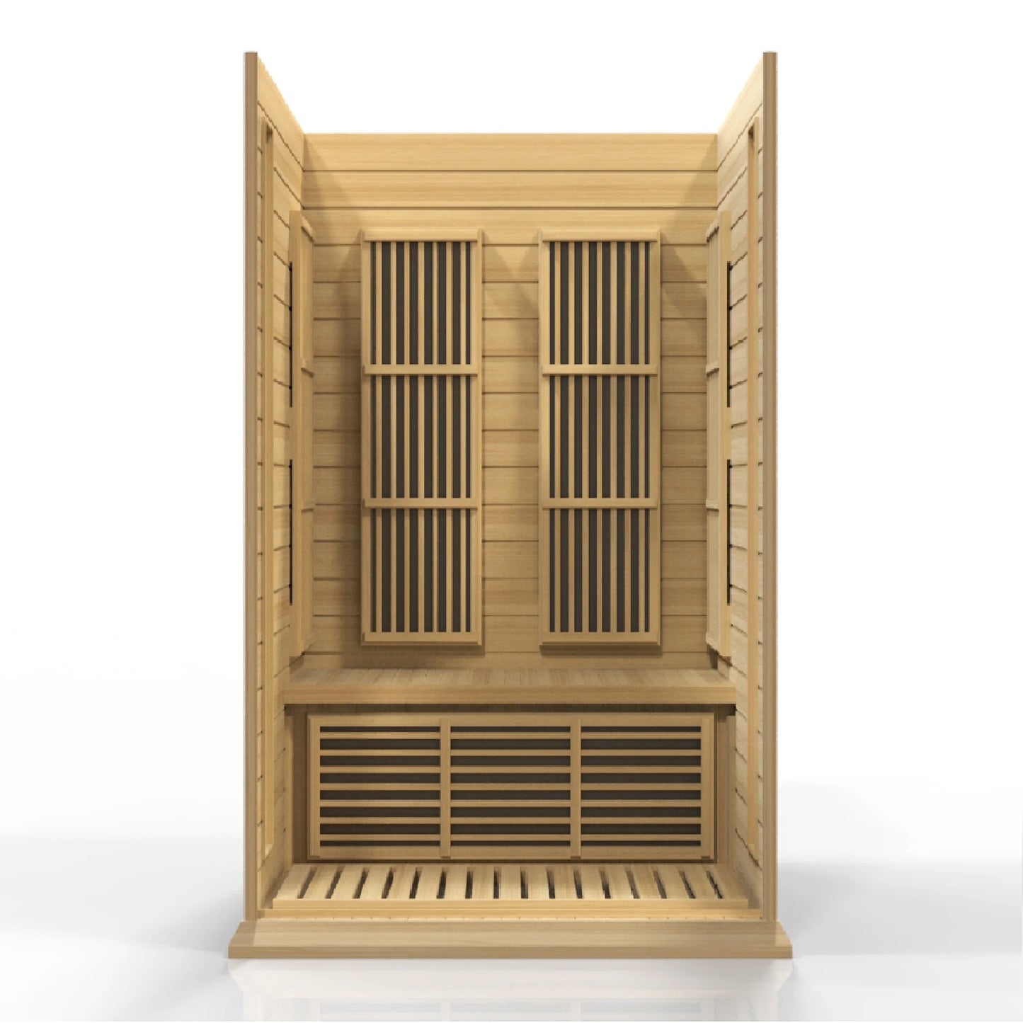 Interior angle view of the Maxxus 2-Person Low EMF FAR Infrared Sauna (MX-K206-01) | Canadian Hemlock — infrared sauna