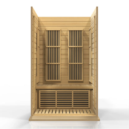 Interior angle view of the Maxxus 2-Person Low EMF FAR Infrared Sauna (MX-K206-01) | Canadian Hemlock — infrared sauna