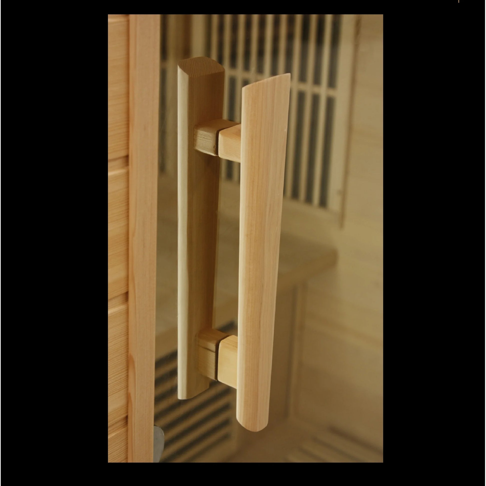 Door handle detail of the Maxxus 2-Person Low EMF FAR Infrared Sauna (MX-K206-01) | Canadian Hemlock — infrared sauna