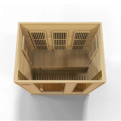 Interior angle view of the Maxxus 3-Person Low EMF FAR Infrared Sauna (MX-K306-01) | Canadian Hemlock — infrared sauna