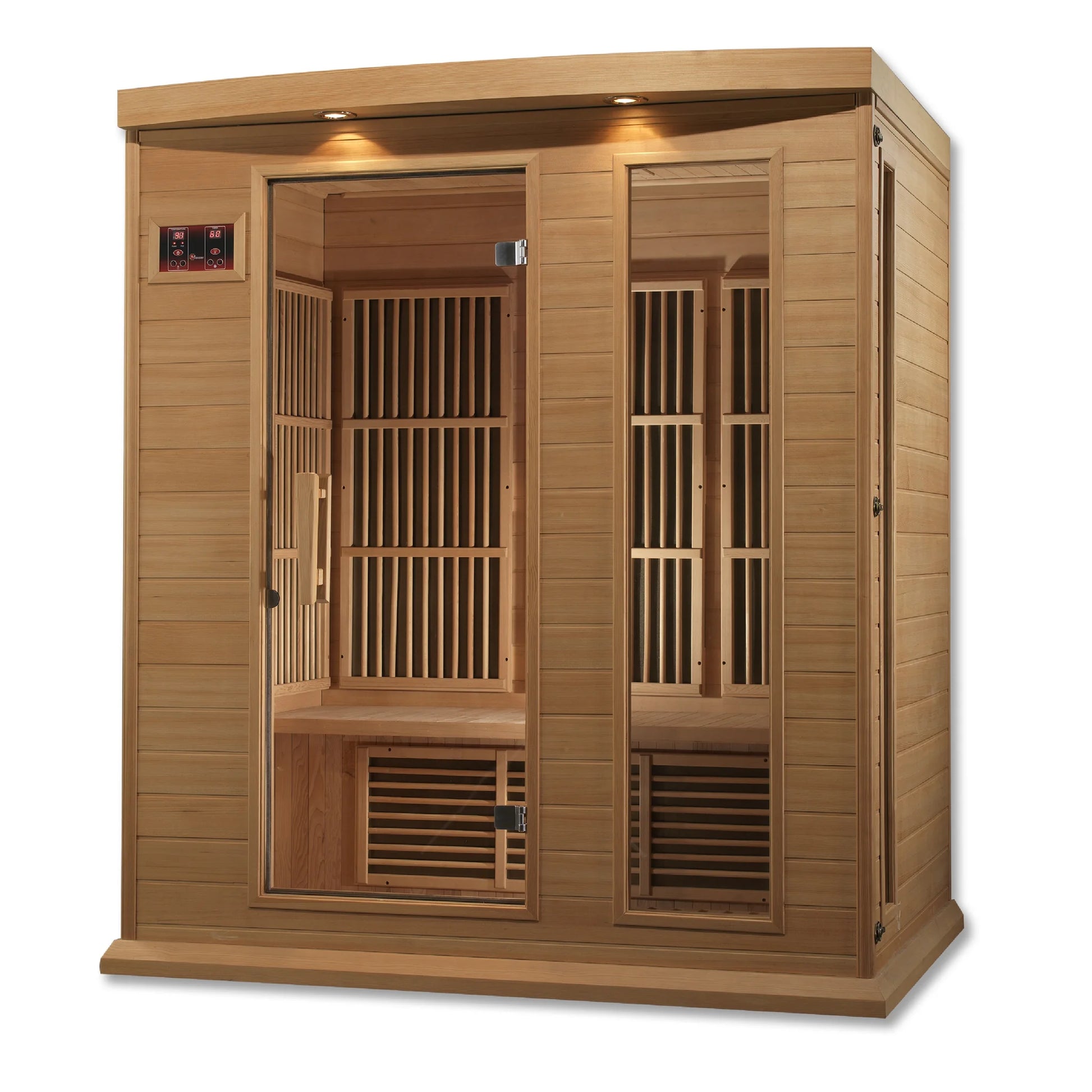 Interior view of the Maxxus 3-Person Low EMF FAR Infrared Sauna (MX-K306-01) | Canadian Hemlock — infrared sauna