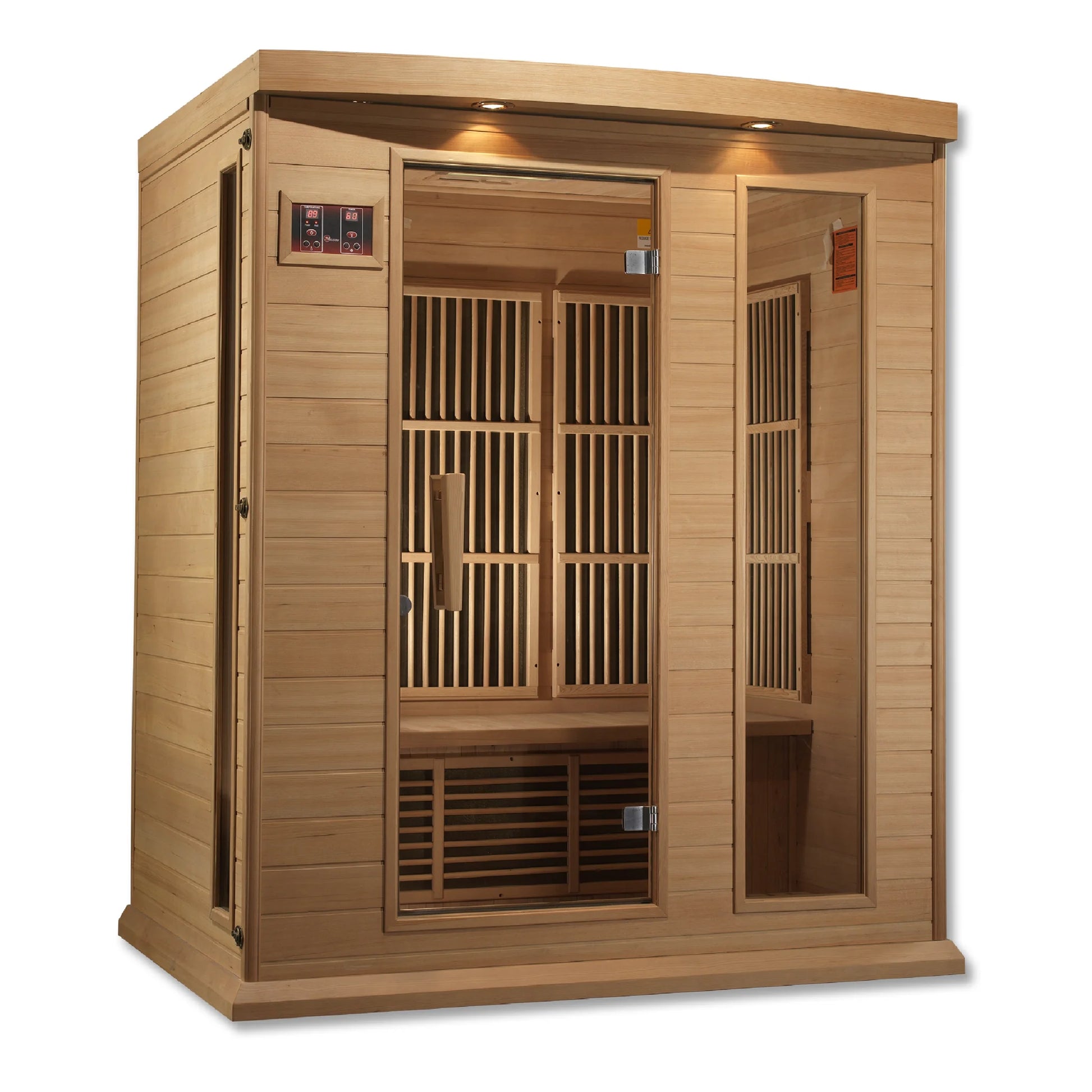 Close-up detail of the Maxxus 3-Person Low EMF FAR Infrared Sauna (MX-K306-01) | Canadian Hemlock — infrared sauna