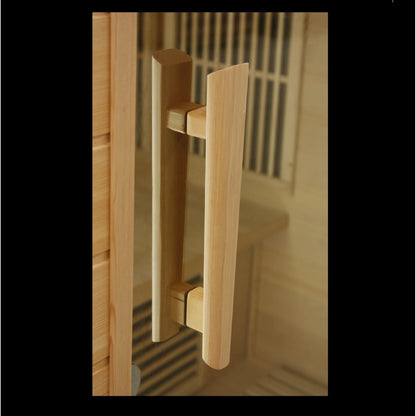 Door handle detail of the Maxxus 3-Person Low EMF FAR Infrared Sauna (MX-K306-01) | Canadian Hemlock — infrared sauna