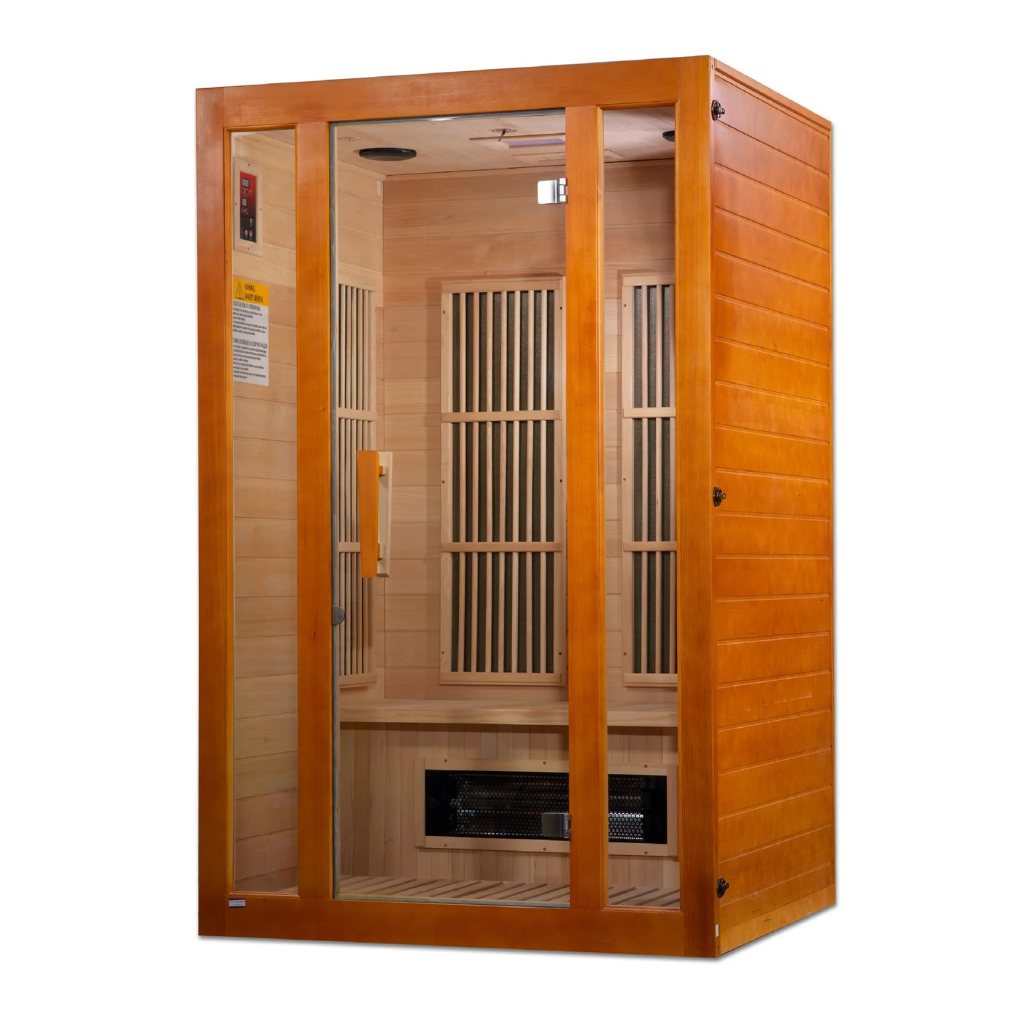 Interior bench view of the Maxxus Aspen 2-Person Low EMF FAR Infrared Sauna (MX-J206-02S) | Canadian Hemlock — infrared sauna