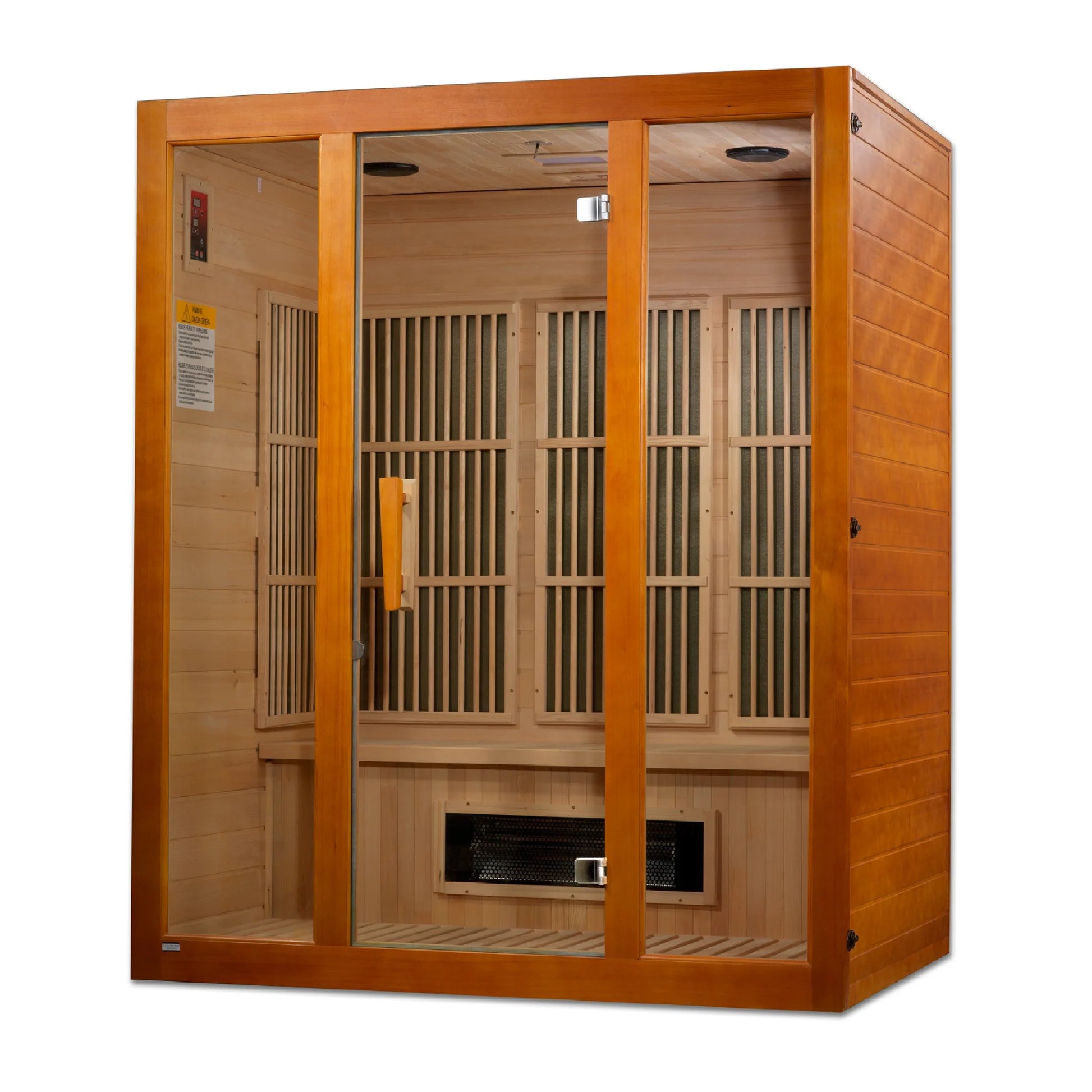 Exterior angle view of the Maxxus Alpine 3-Person Low EMF FAR Infrared Sauna (MX-J306-02S) | Canadian Hemlock — infrared sauna