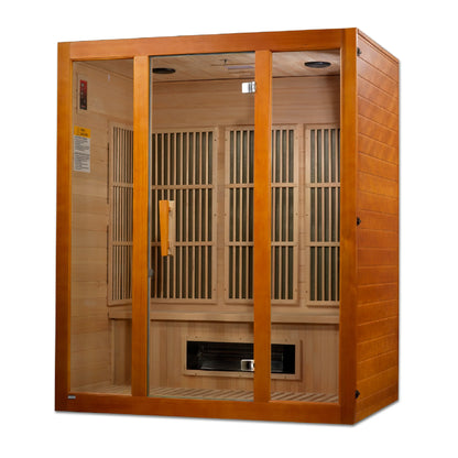Exterior angle view of the Maxxus Alpine 3-Person Low EMF FAR Infrared Sauna (MX-J306-02S) | Canadian Hemlock — infrared sauna