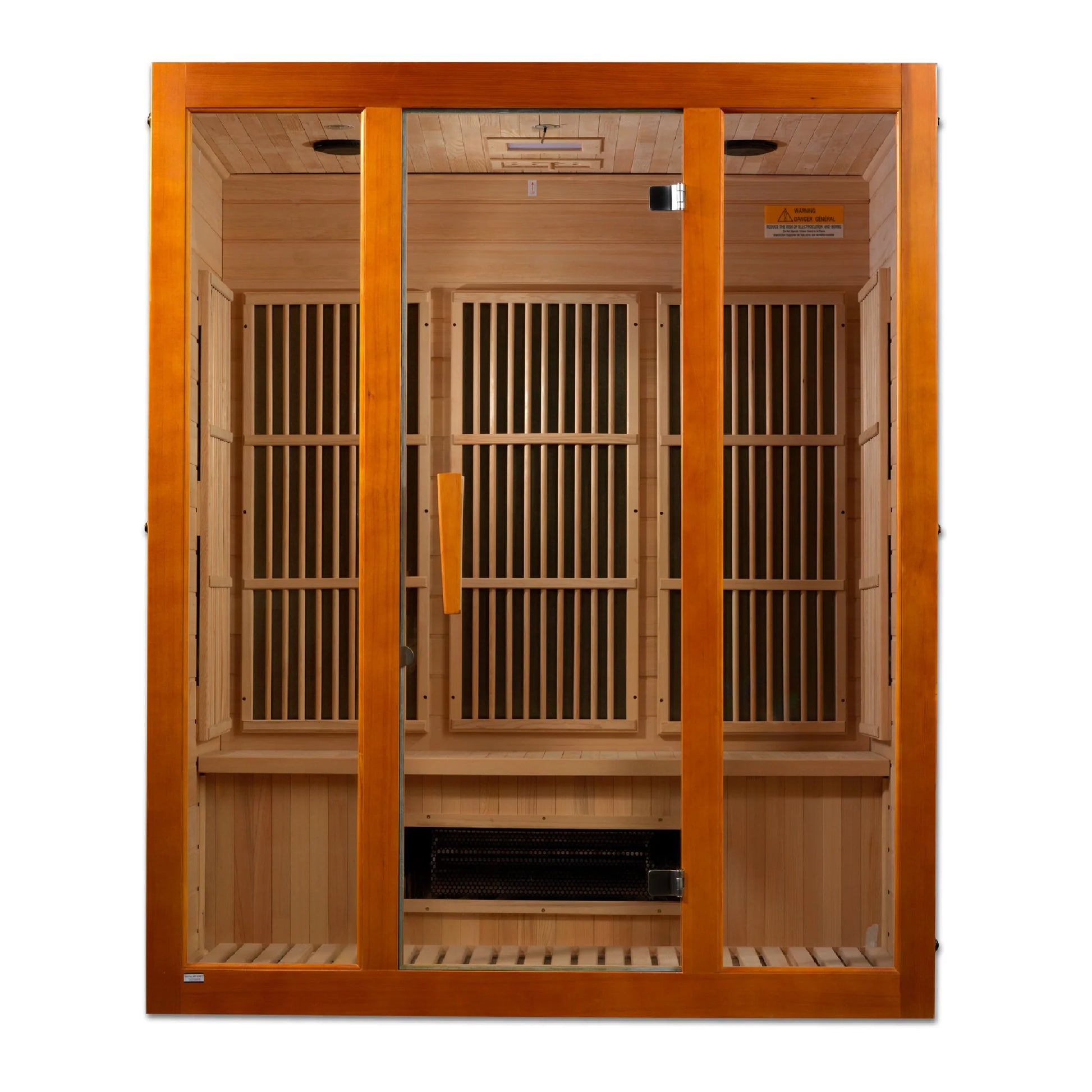 Interior view of the Maxxus Alpine 3-Person Low EMF FAR Infrared Sauna (MX-J306-02S) | Canadian Hemlock — infrared sauna