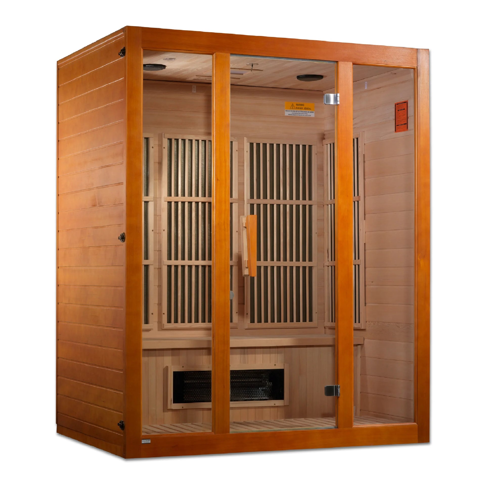 Interior bench view of the Maxxus Alpine 3-Person Low EMF FAR Infrared Sauna (MX-J306-02S) | Canadian Hemlock — infrared sauna