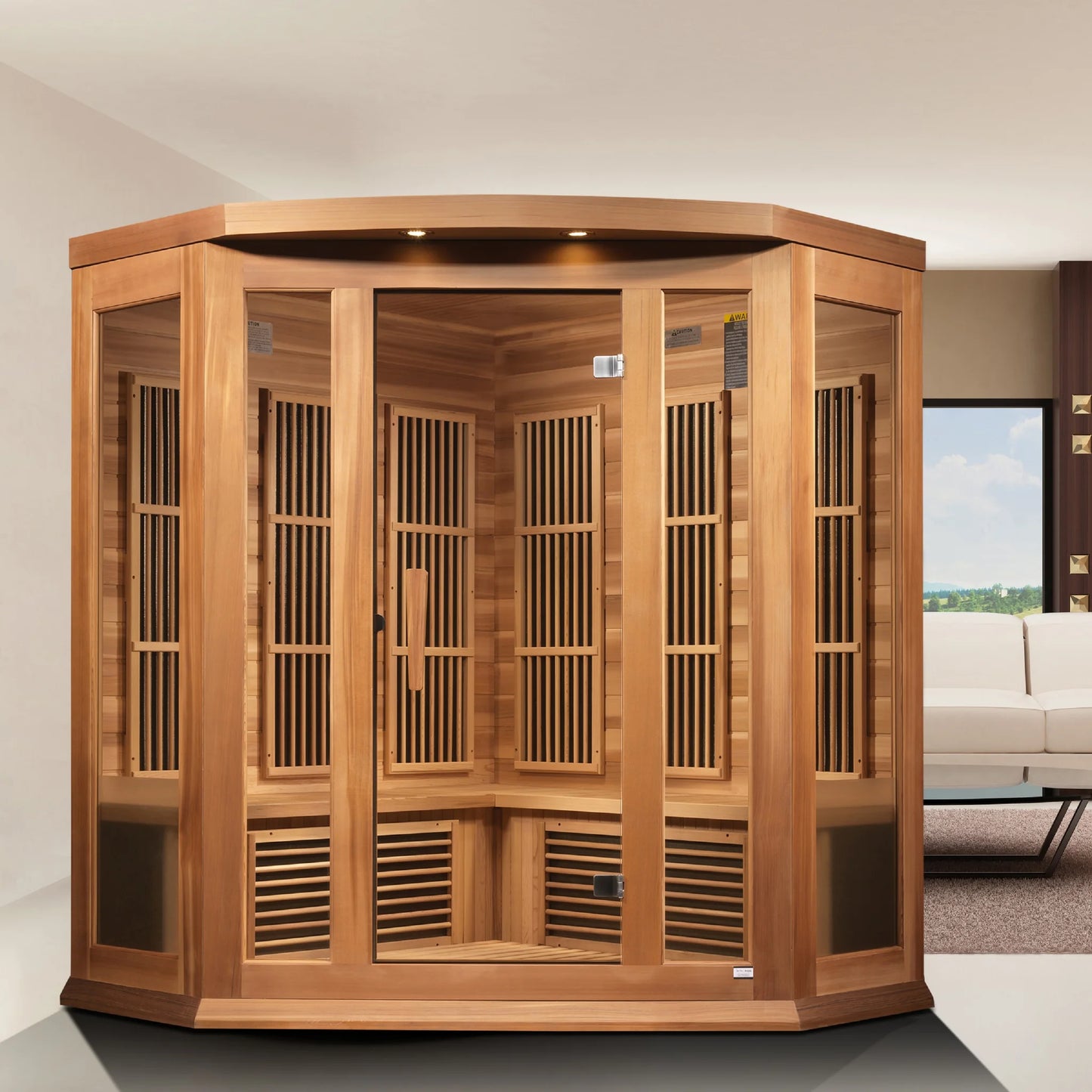 Front view on white background of the Maxxus 3-Person Corner Low EMF FAR Infrared Sauna (MX-K356-01 CED) – low EMF infrared sauna
