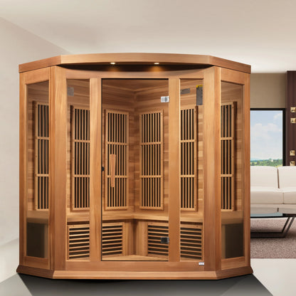 Front view on white background of the Maxxus 3-Person Corner Low EMF FAR Infrared Sauna (MX-K356-01 CED) – low EMF infrared sauna