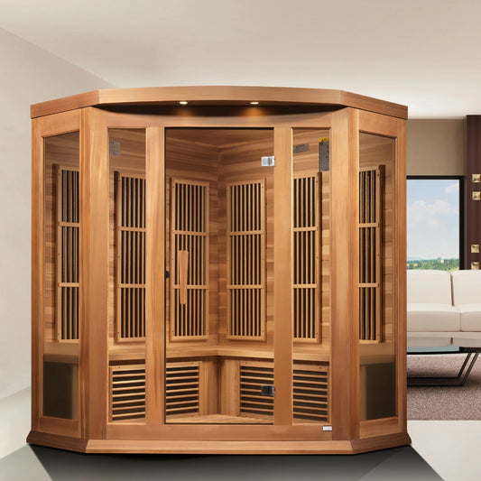 Front view on white background of the Maxxus 3-Person Corner Low EMF FAR Infrared Sauna (MX-K356-01 CED) – low EMF infrared sauna