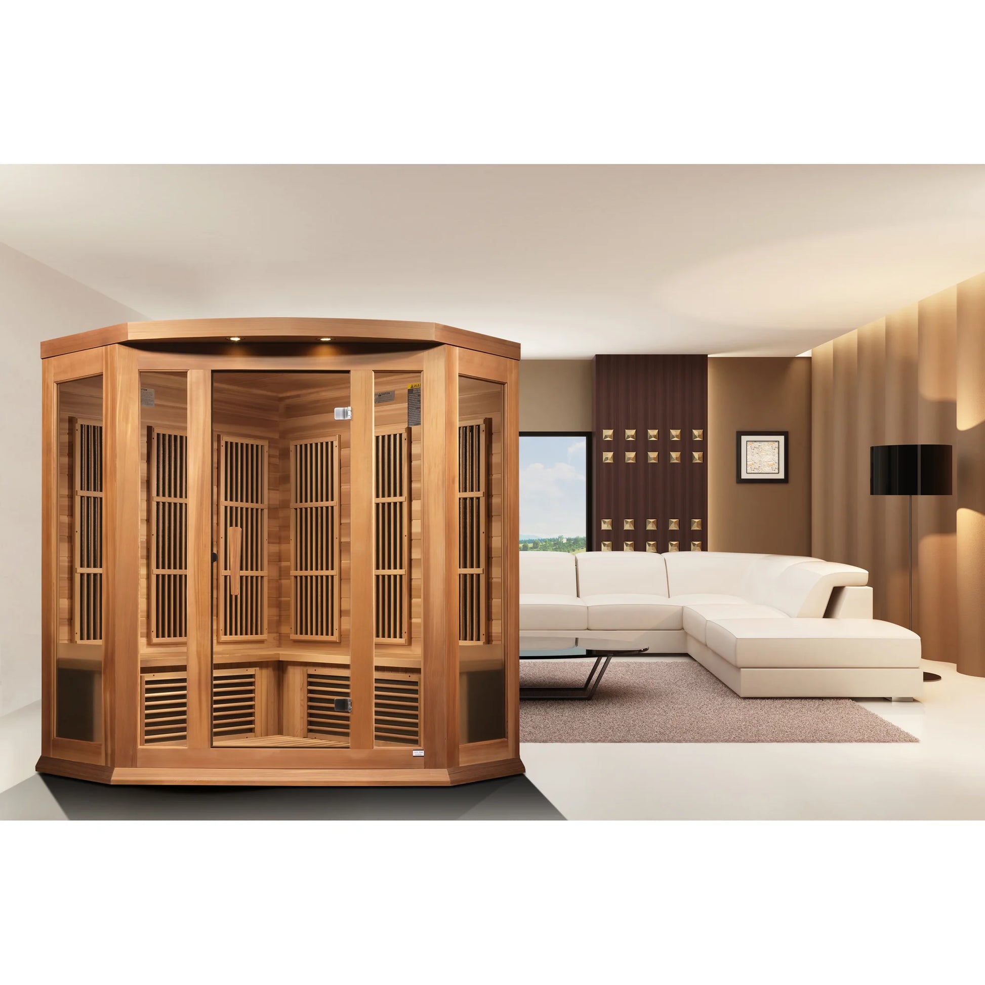 Front view on white background of the Maxxus 3-Person Corner Low EMF FAR Infrared Sauna (MX-K356-01) – low EMF infrared sauna