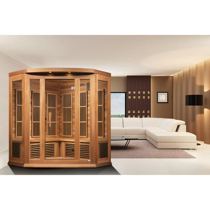 Front view on white background of the Maxxus 3-Person Corner Low EMF FAR Infrared Sauna (MX-K356-01) – low EMF infrared sauna