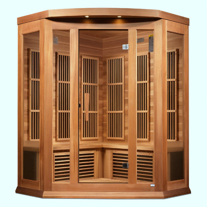 Front view of the Maxxus 3-Person Corner Low EMF FAR Infrared Sauna (MX-K356-01) – low EMF infrared sauna