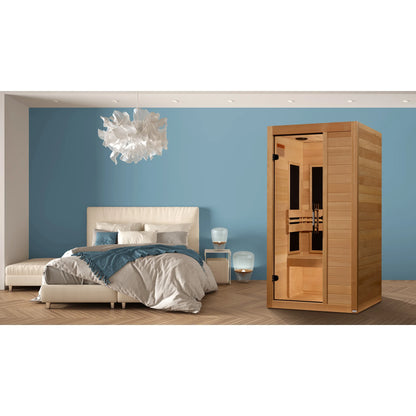 Front view on white background of the Maxxus S-Line Yoga 1-Person Ultra Low EMF FAR Infrared Sauna (MX-S106-01) – ultra low EMF infrared sauna