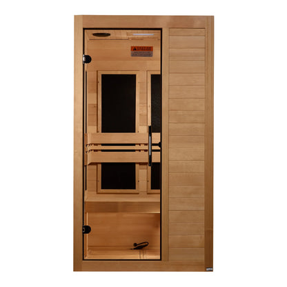 Front view of the Maxxus S-Line Yoga 1-Person Low EMF FAR Infrared Sauna (MX-S106-01) – low EMF infrared sauna