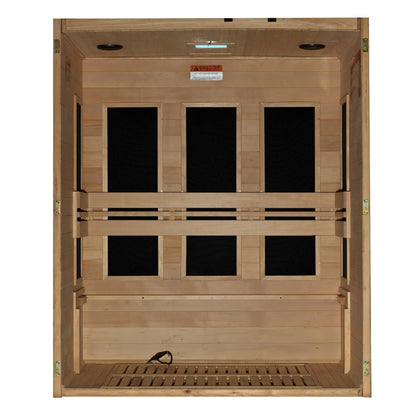 Interior with bench removed of the Maxxus S-Line Yoga 3-Person Low EMF FAR Infrared Sauna (MX-S306-01) – low EMF infrared sauna
