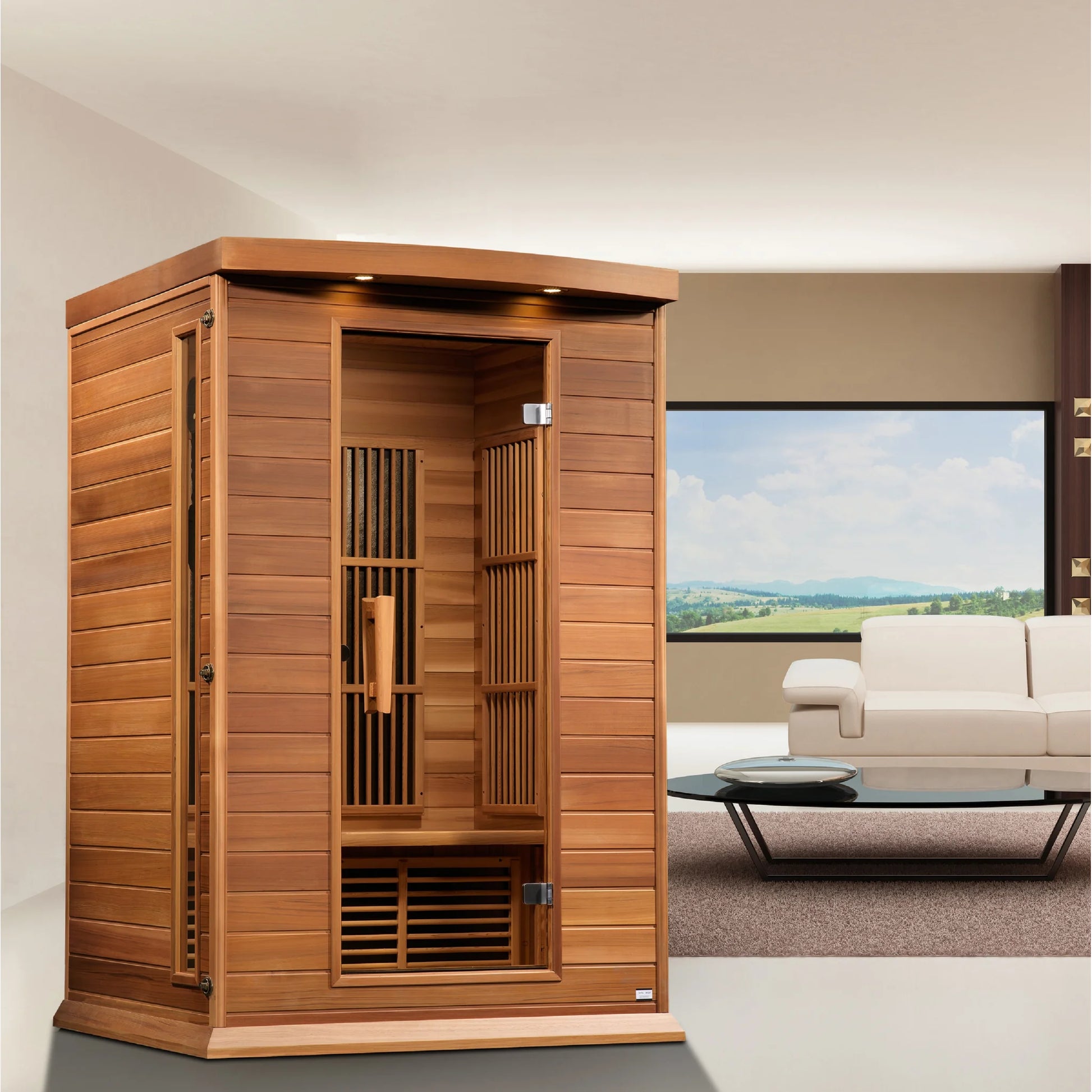 Front view on white background of the Maxxus 2-Person Near Zero EMF FAR Infrared Sauna (MX-K206-01-ZF CED) – near zero EMF infrared sauna
