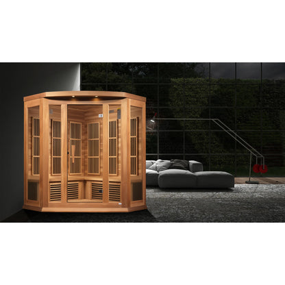 Front view on white background 2 of the Maxxus 3-Person Corner Near Zero EMF FAR Infrared Sauna (MX-K356-01-ZF CED) – near zero EMF infrared sauna