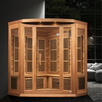 Front view on white background of the Maxxus 3-Person Corner Near Zero EMF FAR Infrared Sauna (MX-K356-01-ZF CED) – near zero EMF infrared sauna