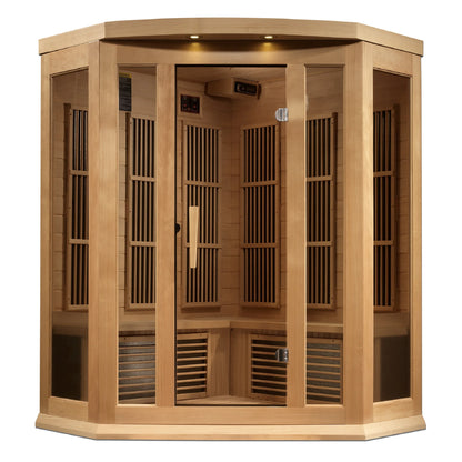 Front view 3 of the Maxxus 3-Person Corner Near Zero EMF FAR Infrared Sauna (MX-K356-01-ZF) – near zero EMF infrared sauna
